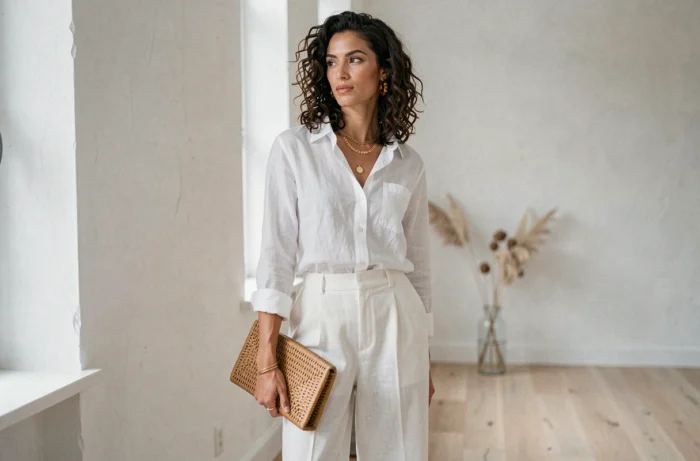 Femme aux cheveux bouclés portant des accessoires tendance dorés et un clutch en rotin dans un appartement scandinave minimaliste