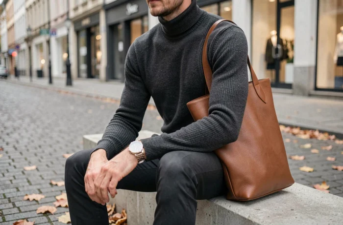 Homme élégant en pull col roulé portant un sac en cuir structuré et une montre vintage dans une rue urbaine européenne en automne