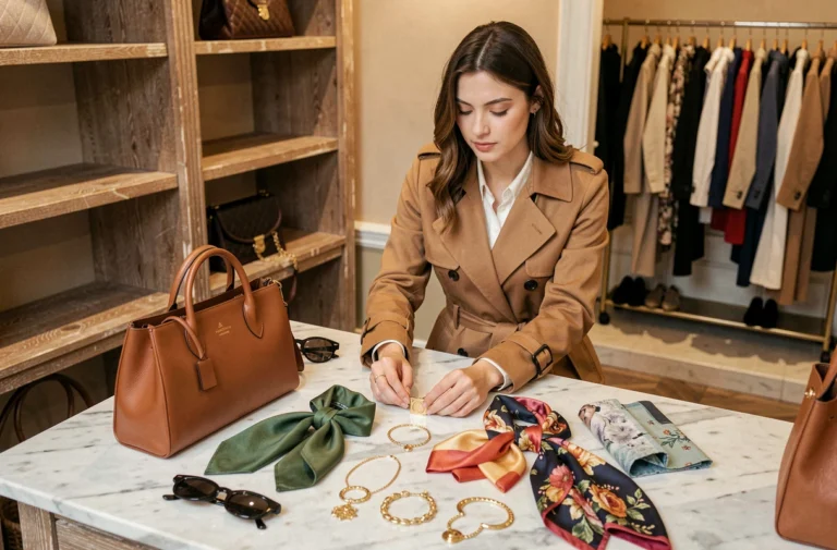 Femme élégante arrangeant des accessoires de mode tendance sur une surface en marbre dans une boutique parisienne chic