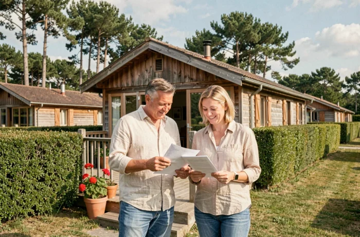 Couple examinant les documents d'achat devant un chalet en bois dans un parc résidentiel de loisirs en Vendée