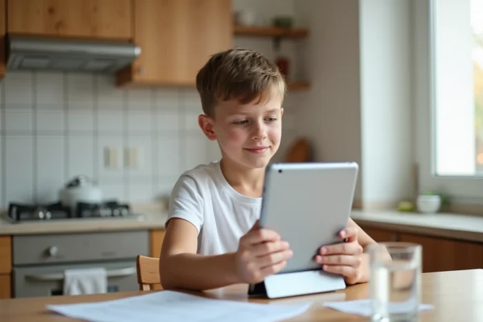 Adolescent participant à un bilan orthophonique en ligne sur tablette depuis la cuisine familiale