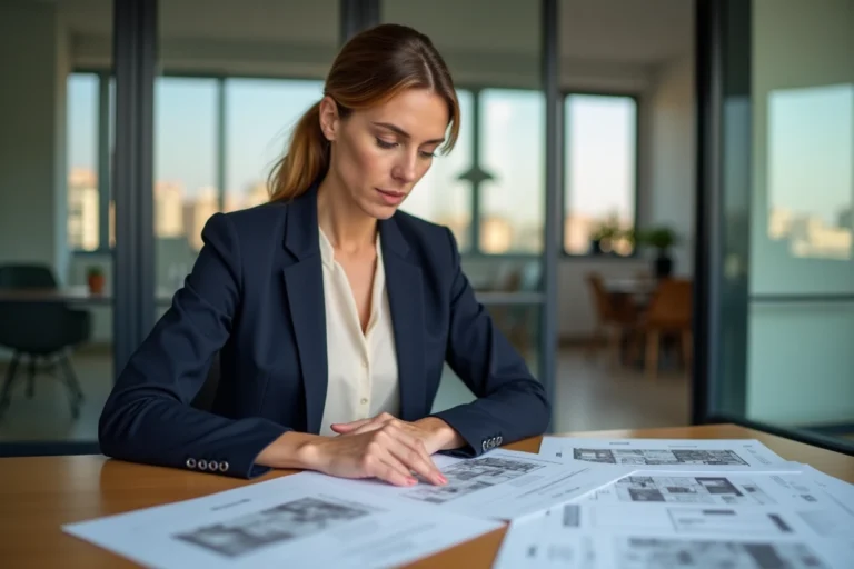 Agent immobilière française analysant des documents d'investissement dans une agence parisienne moderne en 2024