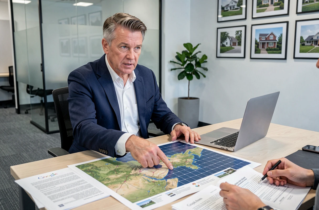 Agent immobilier présentant une carte d'ensoleillement Google Earth à des acheteurs potentiels en agence