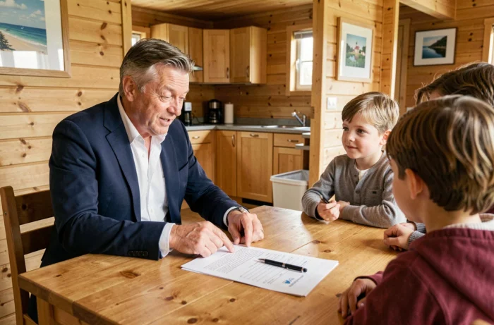 Agent immobilier présentant un contrat de cession de parcelle à une famille à l'intérieur d'un chalet de PRL en Vendée