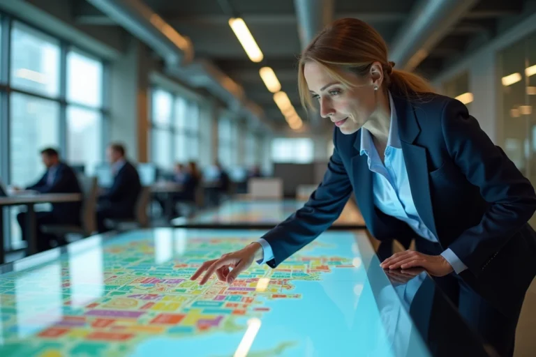Agente municipale utilisant une table tactile interactive pour analyser des données urbaines dans un centre de gestion numérique d'une collectivité locale