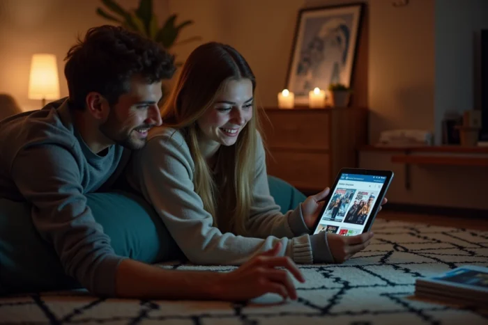 Deux amis regardant ensemble des séries et films sur une tablette via une application de streaming gratuite le soir