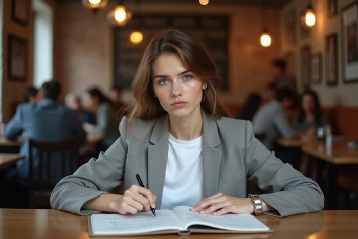 Jeune femme analysant des notes de formation e-commerce dans un café, expression dubitative et réfléchie