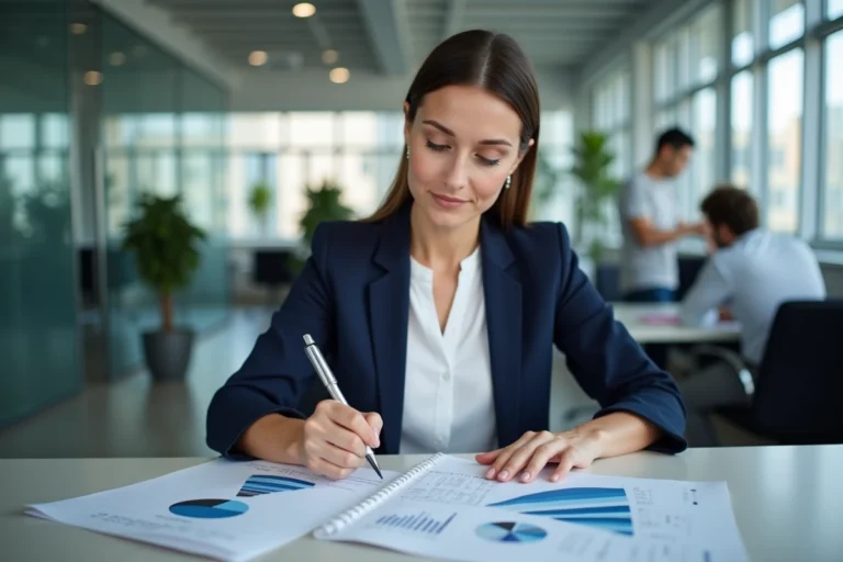 Chargée de marketing analysant des fiches prospects et des données de conversion dans un bureau moderne