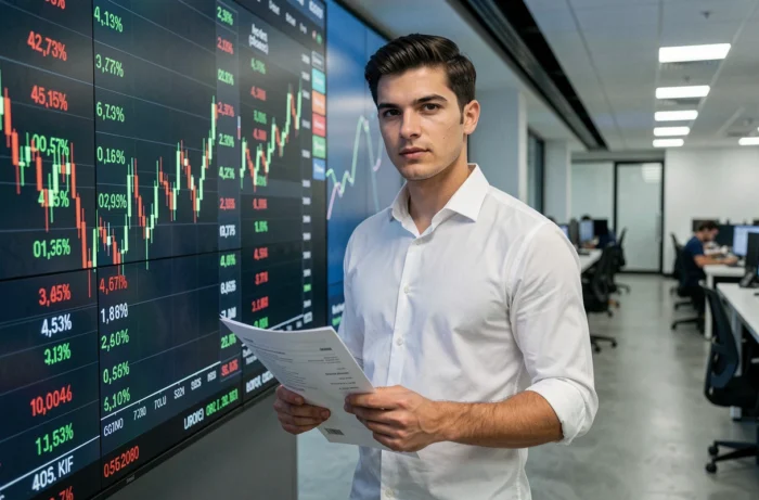 Jeune analyste financier debout devant un mur de données boursières en temps réel dans une salle de trading