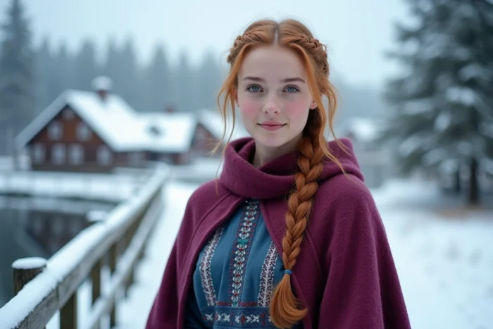 Jeune femme aux cheveux roux tressés en cape magenta et robe nordique sur un pont enneigé d'un village scandinave, évoquant Anna de La Reine des neiges