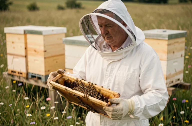 Apiculteur en combinaison blanche tenant un cadre de ruche recouvert d'abeilles dans un rucher en prairie fleurie