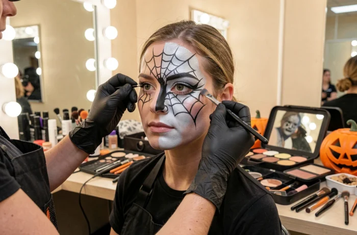 Application de maquillage araignée Halloween en coulisses, moitié du visage peinte en toile argentée par une maquilleuse professionnelle