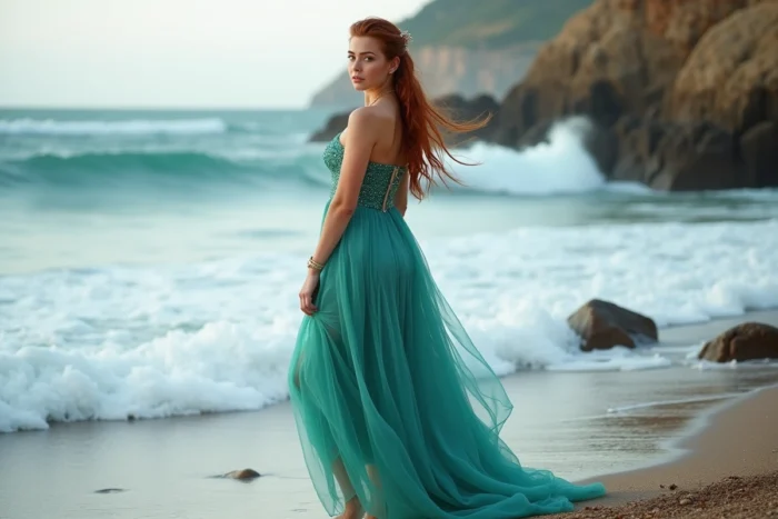 Jeune femme rousse en robe turquoise évoquant Ariel la petite sirène, debout sur un rivage rocailleux avec l'océan en arrière-plan