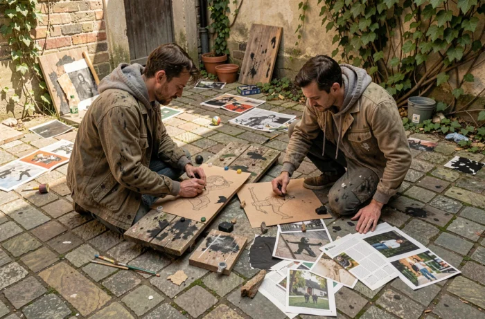 Deux artistes collaborant sur une installation artistique contemporaine en plein air dans une cour pavée entourée de vieux murs en pierre