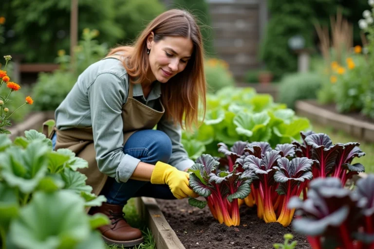 Jardinière inspectant des plants de blettes aux côtes colorées dans un potager avec des associations de plantes compagnes