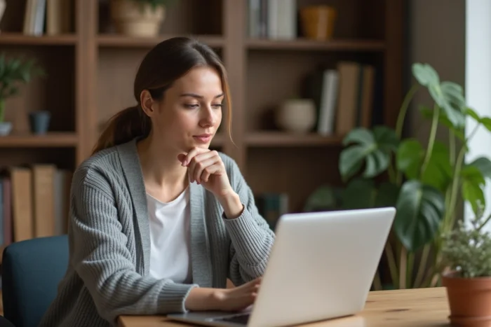 Femme adulte réalisant un bilan orthophonique en téléconsultation depuis son bureau à domicile via un ordinateur portable