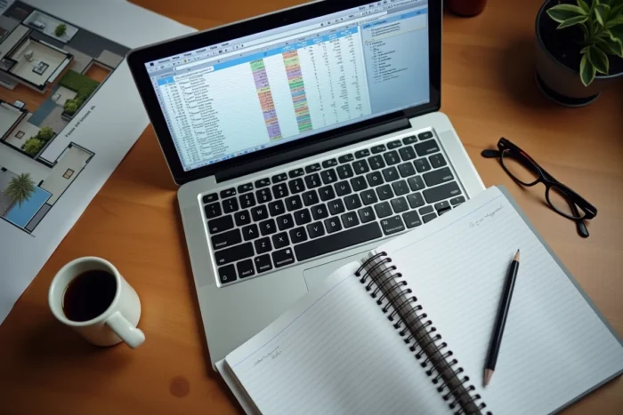 Vue aérienne d'un bureau avec simulateur viager Excel ouvert sur ordinateur portable, cahier de calculs et documents immobiliers