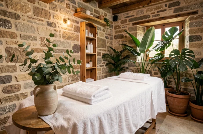 Cabine de massage naturiste parisienne avec table en lin blanc, plantes tropicales et mur en pierre naturelle dans une ambiance spa zen