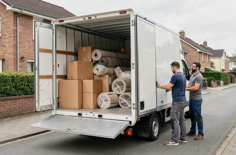 Camion utilitaire 10m3 ouvert devant une maison avec des cartons et meubles chargés à l'intérieur