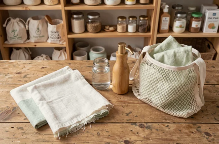Celluloses zéro déchet pour bébé disposées sur un plan de travail en bois dans une cuisine de crèche écoresponsable
