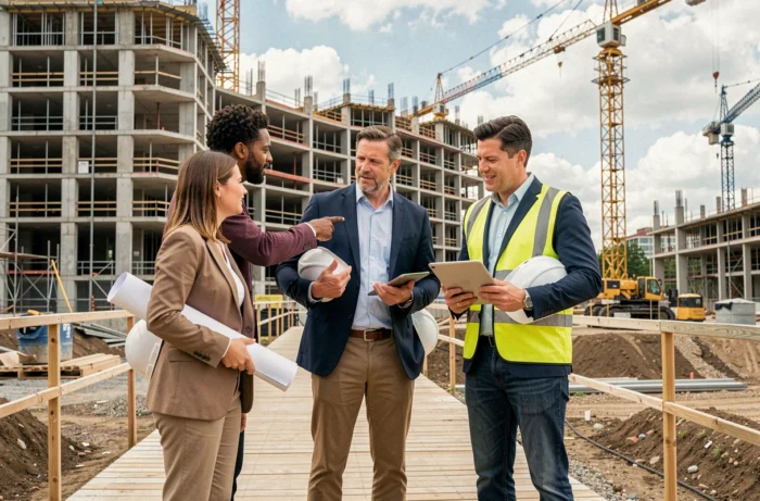 Équipe de planificateurs urbains sur un chantier de développement mixte illustrant les projets d'une SEM