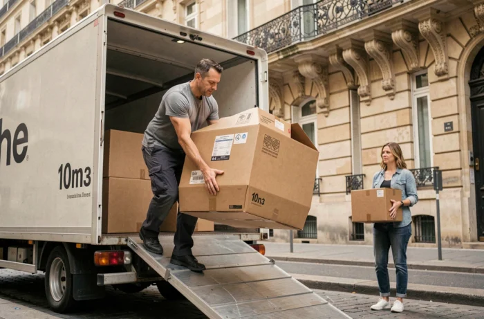 Homme chargeant des cartons dans un camion 10m3 dans une rue parisienne lors d'un déménagement