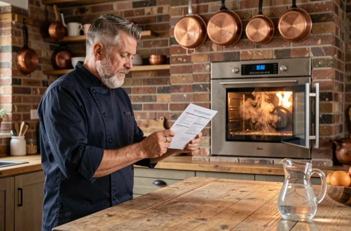Chef consultant une recette devant un four vapeur ouvert dans une cuisine rustique avec murs en briques et ustensiles en cuivre
