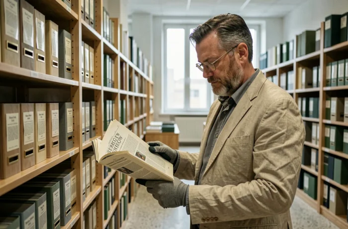 Chercheur consultant une revue d'archives dans une salle universitaire pour la préservation de la pensée critique