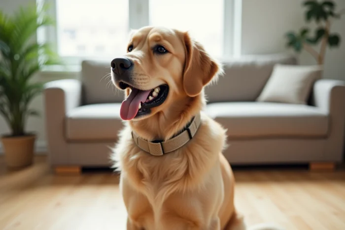 Chien golden retriever portant un collier anti-aboiement beige assis calmement dans un salon moderne