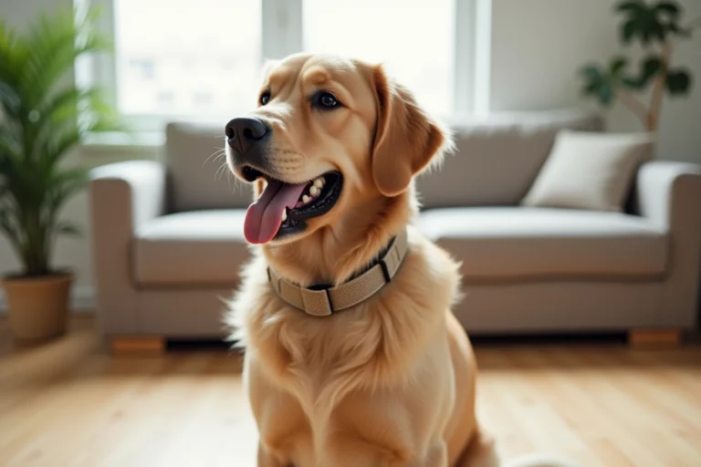 Chien golden retriever portant un collier anti-aboiement beige assis calmement dans un salon moderne