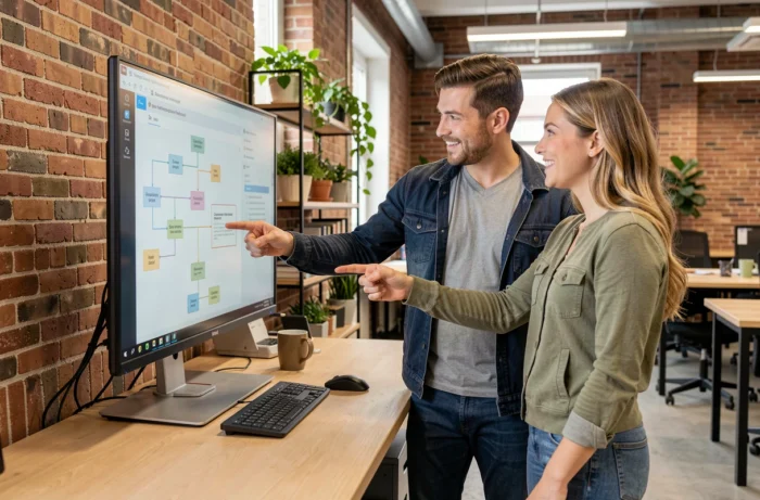Deux collègues explorant ensemble le plan de site d'une plateforme parentale dans un espace de coworking