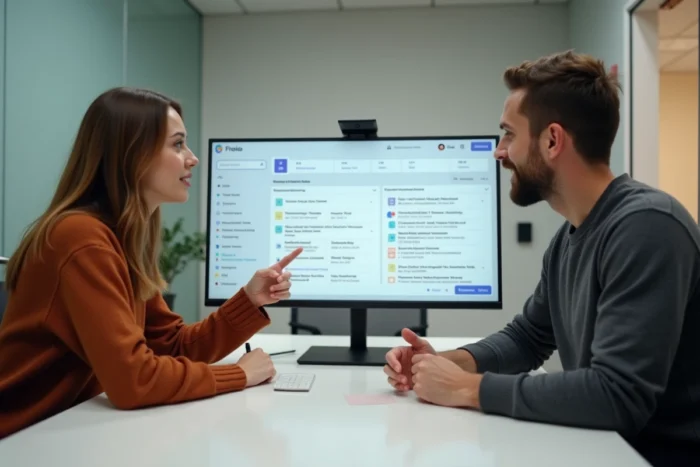 Deux collègues collaborant devant un écran affichant une interface de gestion et d'archivage de documents en entreprise