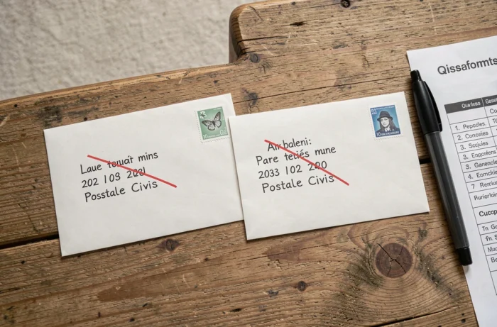 Comparaison de deux enveloppes avec libellé de voie correctement et incorrectement rédigé sur une table en bois