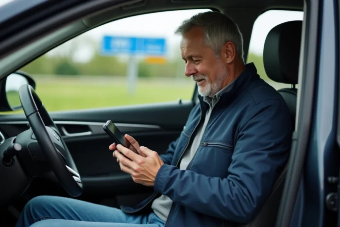 Conducteur français vérifiant les frais de péage gratuits sur son téléphone lors d'un trajet autoroutier