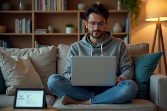 Personne en télétravail depuis son salon configurant les paramètres réseau pour se connecter à l'intranet en mode nomade