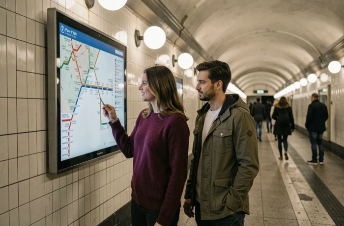 Couple consultant la carte interactive de la ligne 7 du métro parisien dans le couloir de la station Place d'Italie, en tenue d'automne