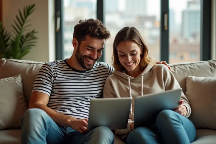 Couple profitant d'une connexion internet exclusive à domicile en streamant sur tablette et ordinateur portable