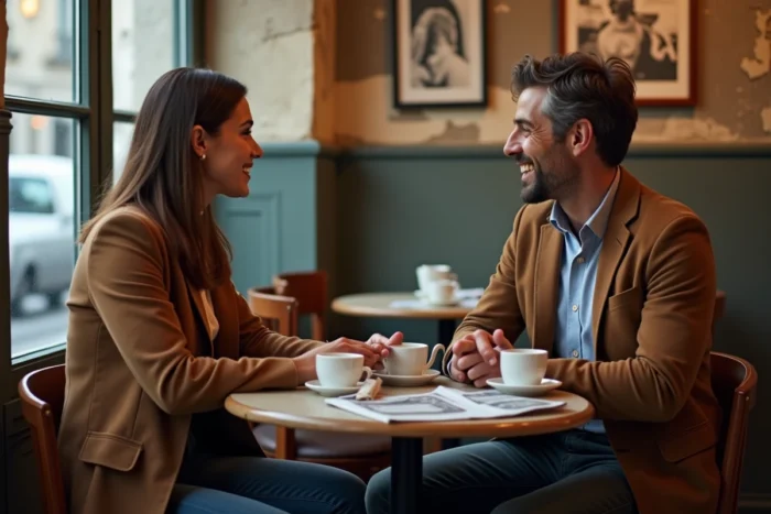 Un homme et une femme en conversation animée dans un café parisien, évoquant la curiosité des internautes pour la vie amoureuse et les relations des personnalités