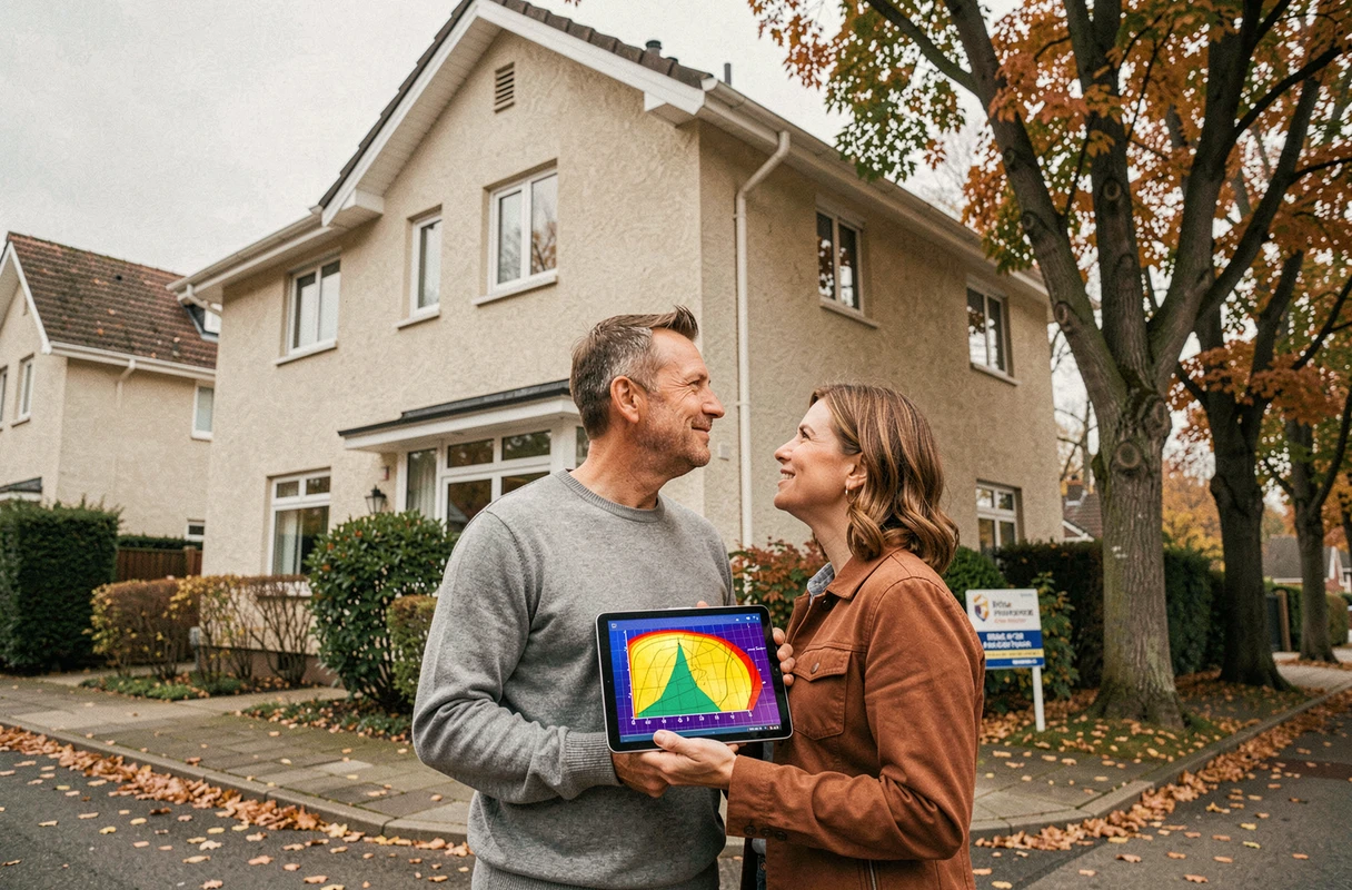 Couple évaluant l'ensoleillement d'une maison à vendre grâce à une simulation satellite sur tablette