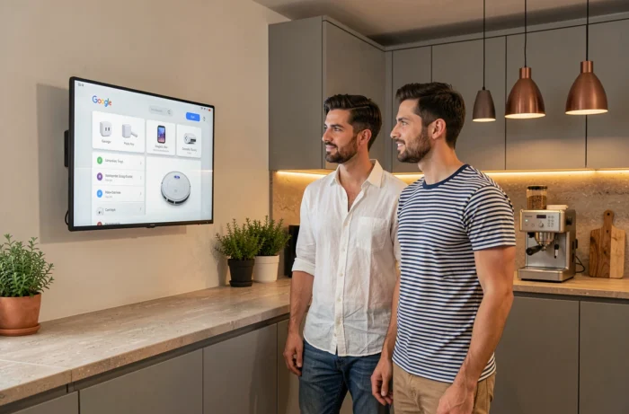 Couple consultant l'interface Google Home sur un écran connecté dans une cuisine moderne équipée