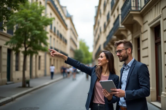 Couple d'investisseurs visitant un immeuble haussmannien à Lyon pour un projet d'achat immobilier