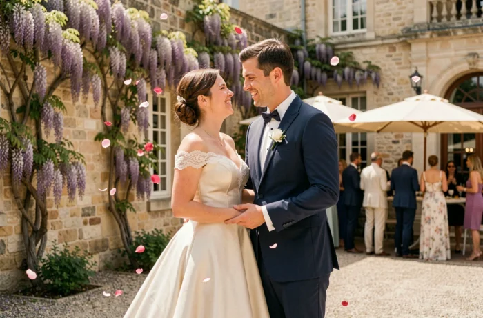 Couple de mariés élégants dans la cour d'un château français entouré de wisteria en fleurs