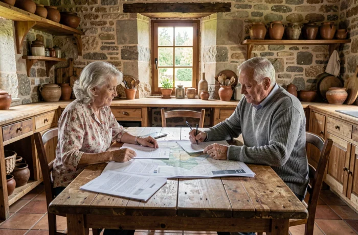 Couple de retraités agricoles étudiant un plan cadastral et des documents MSA autour d'une table dans une ferme française