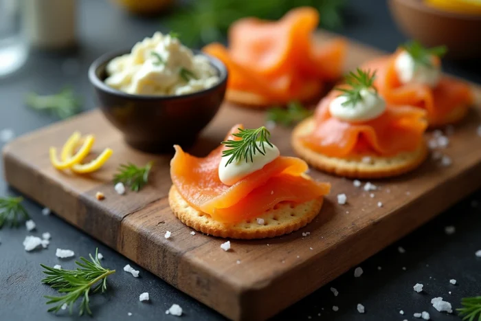Plateau de craquelins bretons garnis de saumon fumé, fromage frais et beurre aux algues sur une ardoise sombre