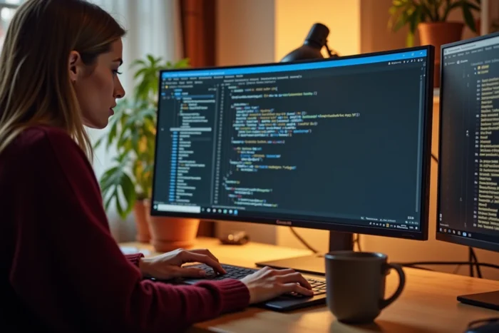 Utilisatrice créant un script .bat et un fichier .reg dans le Bloc-notes Windows pour automatiser le camouflage d'un dossier