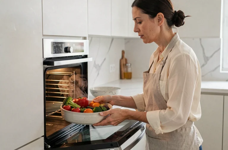 Femme plaçant un plat de légumes dans un four pour une cuisson à la vapeur, cuisine moderne avec plan de travail en marbre