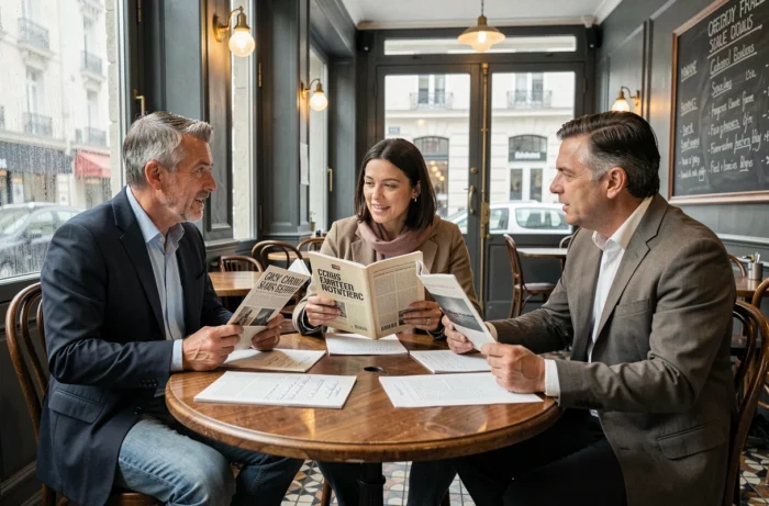 Groupe de personnes débattant autour de revues culturelles engagées dans un café parisien