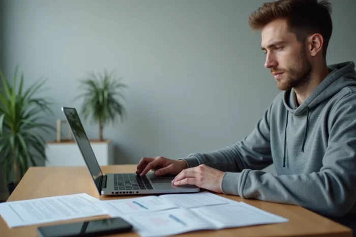 Jeune homme effectuant la déclaration de cession de véhicule en ligne sur un ordinateur portable avec les documents officiels sur le bureau
