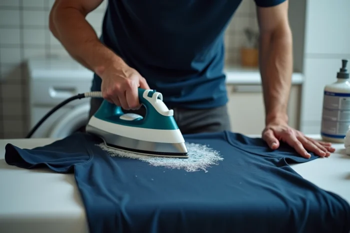 Homme utilisant un fer à repasser sur un chiffon humide pour décoller un flocage sur un t-shirt bleu marine dans une buanderie