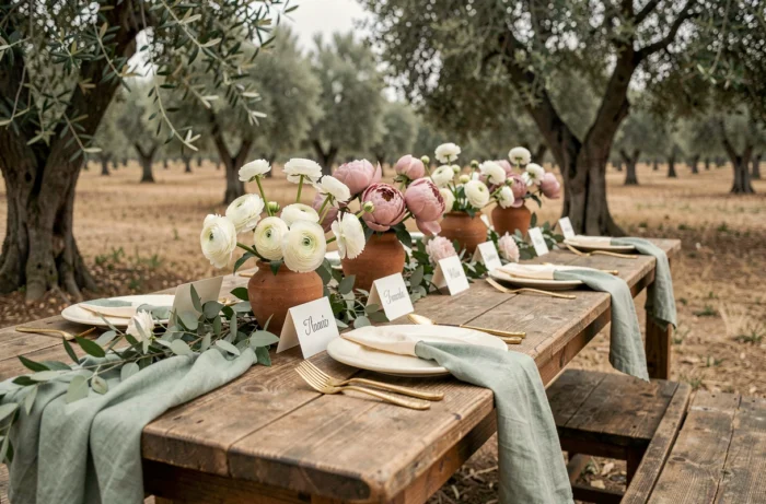 Table de réception de mariage décorée de pivoines et verdure dans un oliveraie provençale